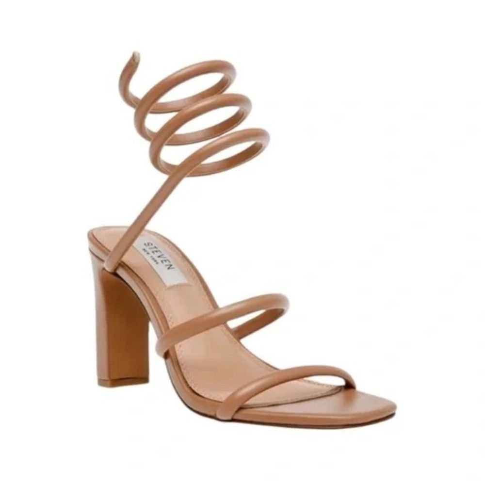STEVEN Spiral Ankle Wrap Sandal 6.5 Block Heel Strappy Minimalist Nude Jaidin